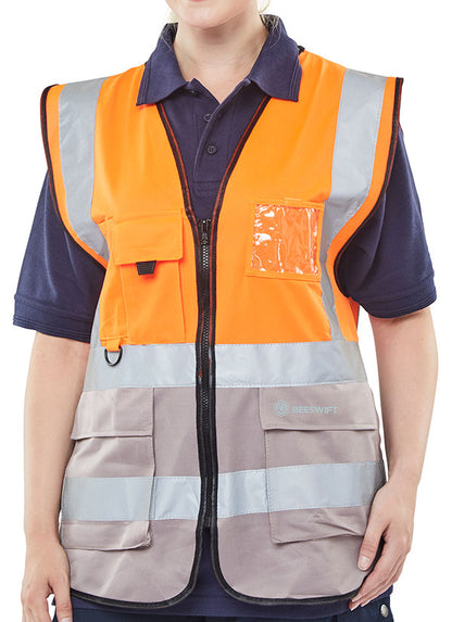 BEESWIFT HI-VIS TWO TONE EXECUTIVE ID VEST ORANGE / GREY XXL