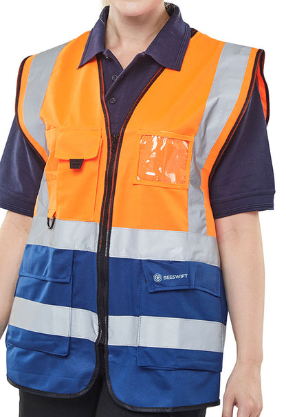 BEESWIFT HI-VIS TWO TONE EXECUTIVE ID VEST ORANGE / NAVY XS