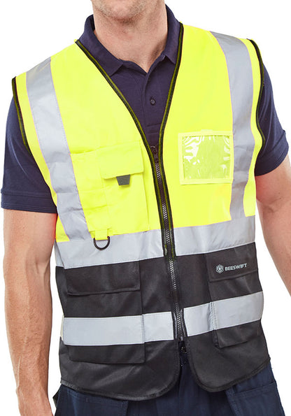 BEESWIFT HI-VIS TWO TONE EXECUTIVE ID VEST SATURNYELLOW/BLACK XS