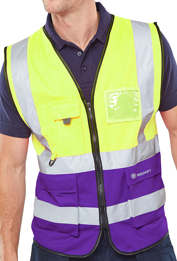 BEESWIFT HI-VIS TWO TONE EXECUTIVE ID VEST SATURNYELLOW/PURPLE XS