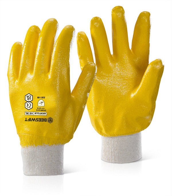 BEESWIFT NITRILE KNITTED WRIST FULLY COATED LIGHT WEIGHT GLOVES YELLOW 10