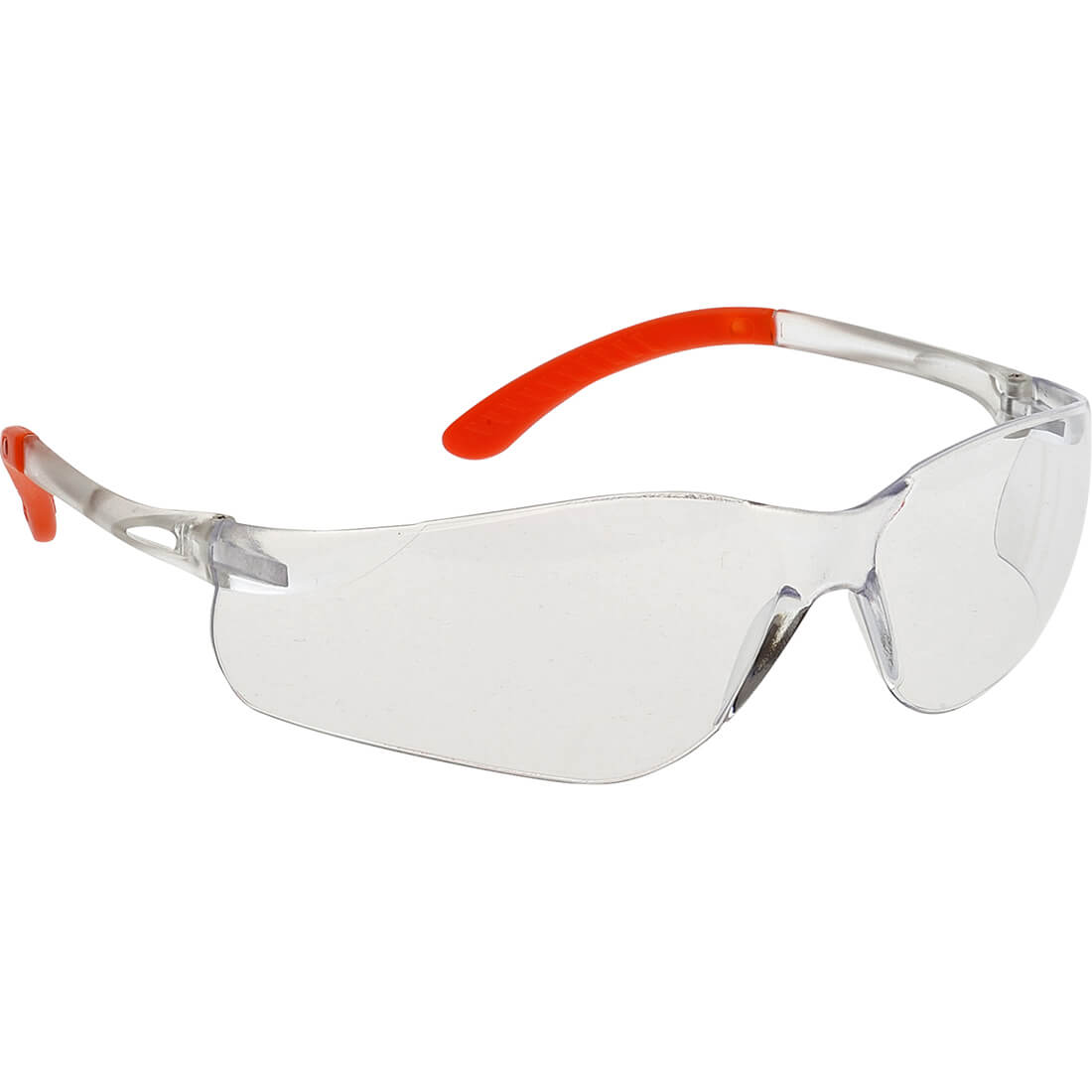 Portwest PW38 - Clear Lens Orange Frame Safety Glasses Pan View CE certified