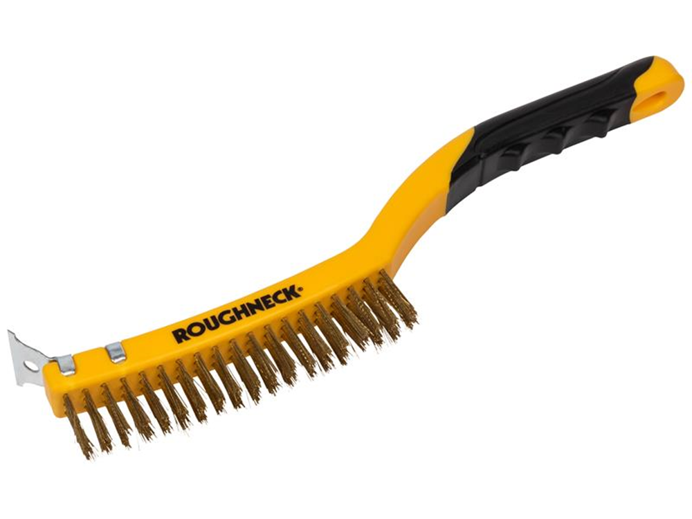 Roughneck ROU52034 Brass Wire Brush Soft Grip with Scraper 355mm (14in) - 3 Row |