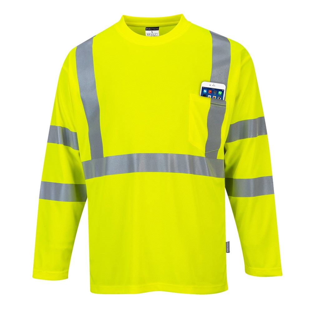 Portwest S191YERM -  sz M Hi-Vis Long Sleeve Pocket T-Shirt  - Yellow