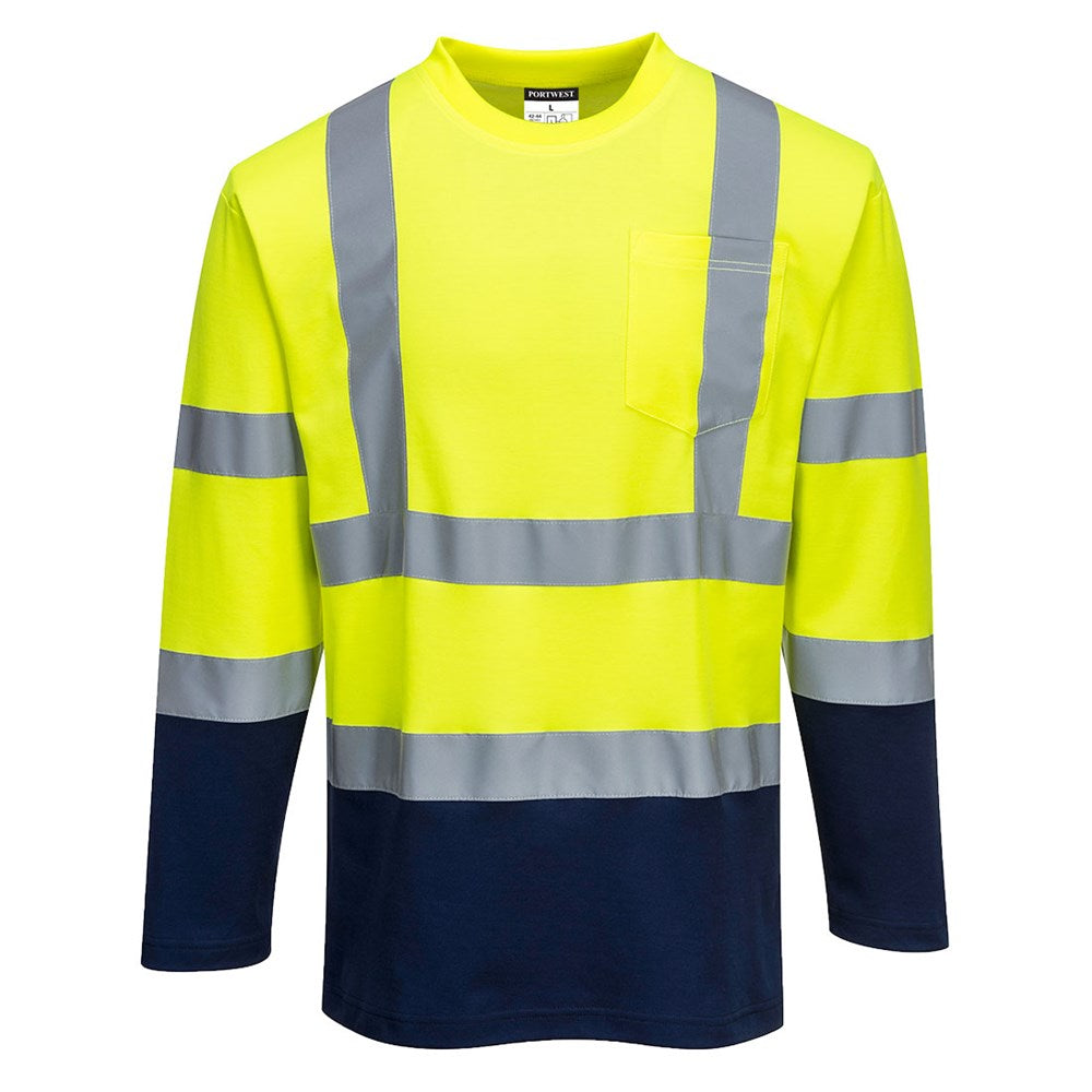 Portwest S280YNRL -  sz L Two-Tone Long Sleeved Cotton Comfort T-Shirt - Yellow/Navy
