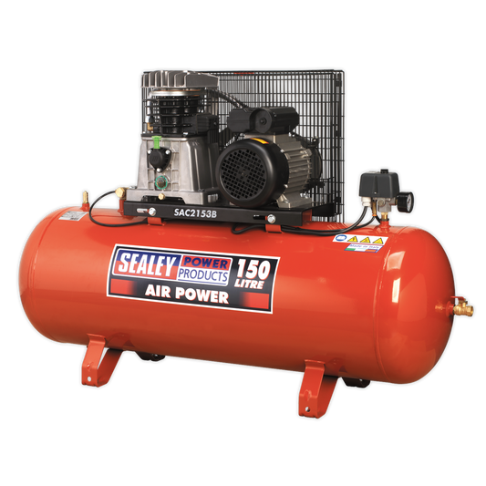 SEALEY - SAC2153B Air Compressor 150L Belt Drive 3hp with Cast Cylinders