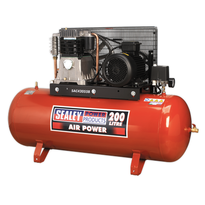 SEALEY - SAC42055B Air Compressor 200L Belt Drive 5.5hp 3ph 2-Stage with Cast Cylinders