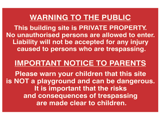 Scan SCA4251 Building Site Warning To Public And Parents - PVC 600 x 400mm |