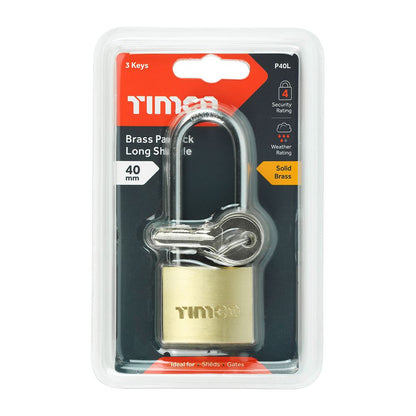TIMCO Long Shackle Brass Padlock 40mm Pack 1