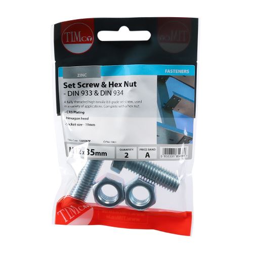 TIMCO Set Screw & Hex Nut - BZP M12 x 35 Silver Pack 2