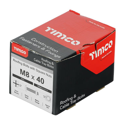 TIMCO Roofing Bolt & SQ Nut Zinc M8 x 40 Silver Pack 100