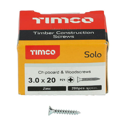 TIMCO Solo Woodscrew PZ1 CSK Zinc 3.0 x 20 Silver Pack 200
