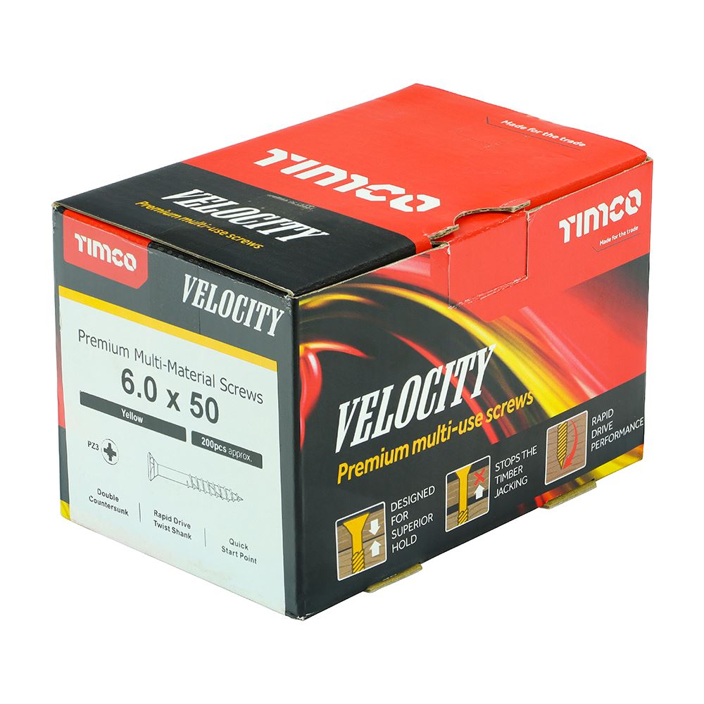 TIMCO Velocity Screw PZ3 CSK ZYP 6.0 x 50 Gold Pack 200