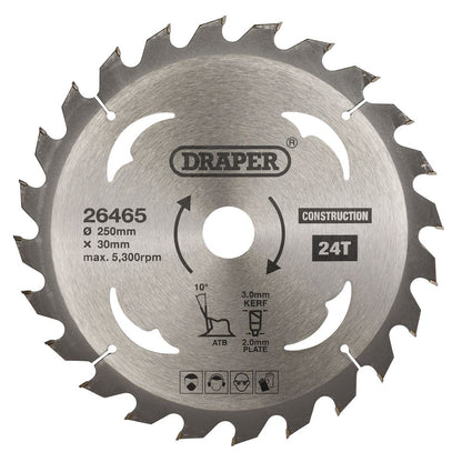 Draper TCT SAW BLADE 250MM 24T CONS 26465 TCT Construction Circular Saw Blade, 250 x 30mm