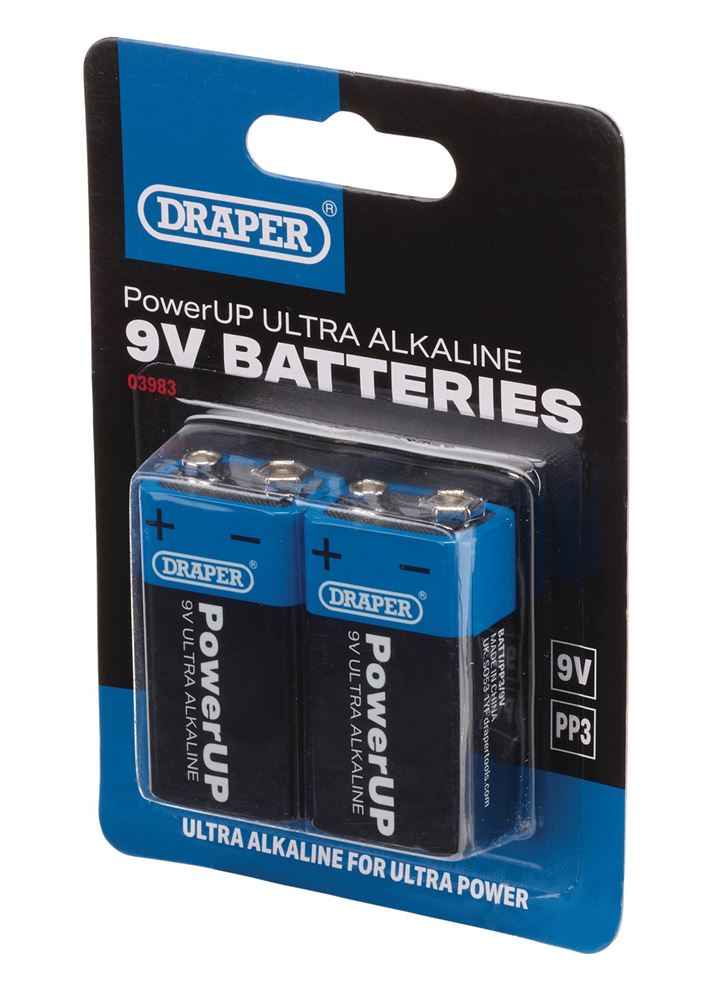03983 Draper PowerUP Ultra Alkaline 9V Batteries (Pack of 2) BATT/PP3/9V/2 Battery 17.5mm Professional Trade DIY Workshop Garage Use
