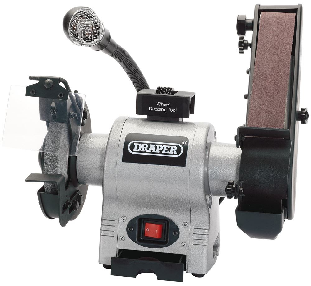 Draper 6BENCH GRINDER + SANDING BELT 05096 Bench Grinder with Sanding Belt and Worklight, 150mm, 370W
