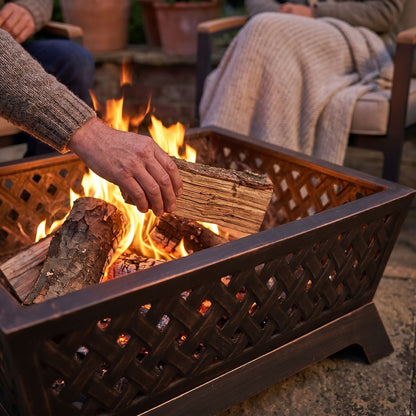 Dellonda DG44 89cm Rectangular Outdoor Fire Pit, Antique Bronze Effect | Safety Screen | Contemporary style rectangular fire pit is perfect for
