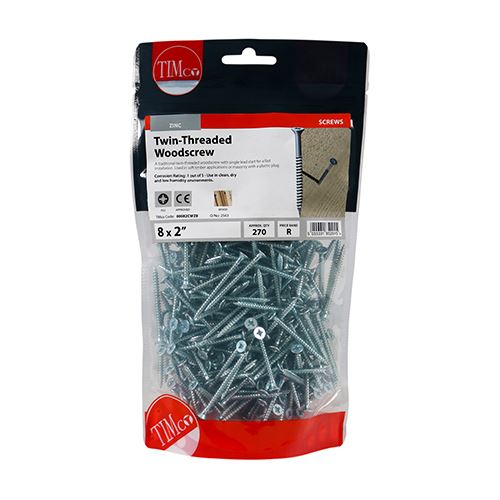 TIMCO Twin Woodscrew PZ2 CSK - BZP 8 x 2 Silver Pack 270
