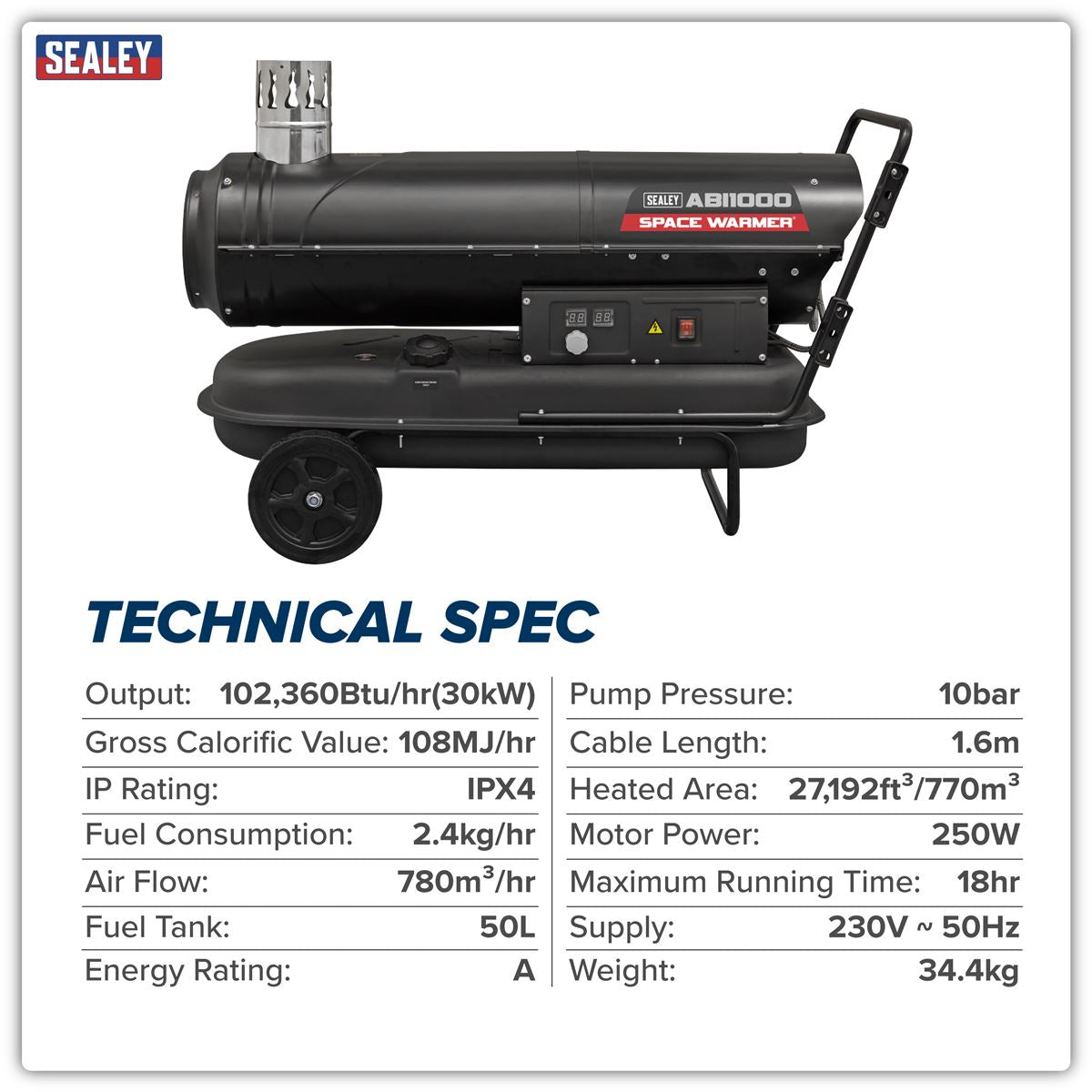 Sealey ABI1000 Space Warmer Indirect Kerosene/Diesel Heater with Wheels 102,000Btu/hr | 102,360Btu/hr(30kW), 230V ~ 50Hz, Thermostat, Wheels