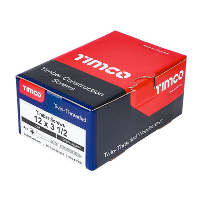 TIMCO Twin Woodscrew PZ3 CSK Zinc 12 x 3 1/2 Silver Pack 100
