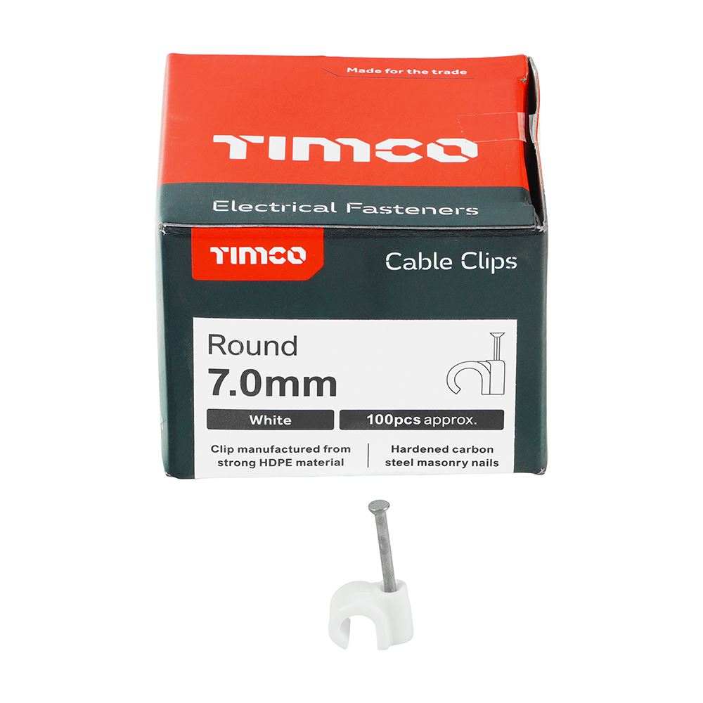 TIMCO Round Cable Clip White To fit 7.0mm White Pack 100