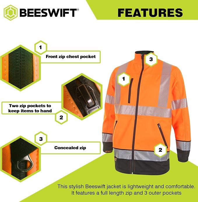 Beeswift Deltic Hi Vis Softshell Jacket Colour Size Options Windproof Breathable Fleece Backed Workwear with Reflective Tape and Zipped Pockets