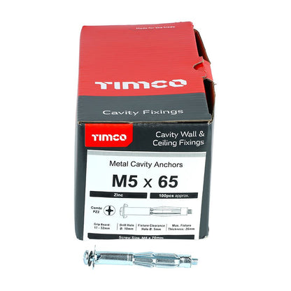 TIMCO Metal Cavity Anchor Zinc M5 x 65 (70mm Screw) Silver Pack 100