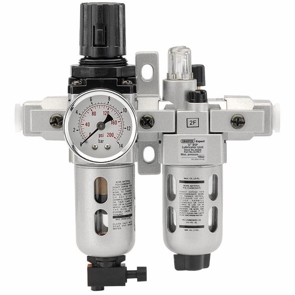 24326 Draper 1/4 BSP Combined Filter/Regulator/Lubricator Unit (FRL) ALFRL1 Air Filters, Regulators and Lubricators Professional Trade DIY Workshop
