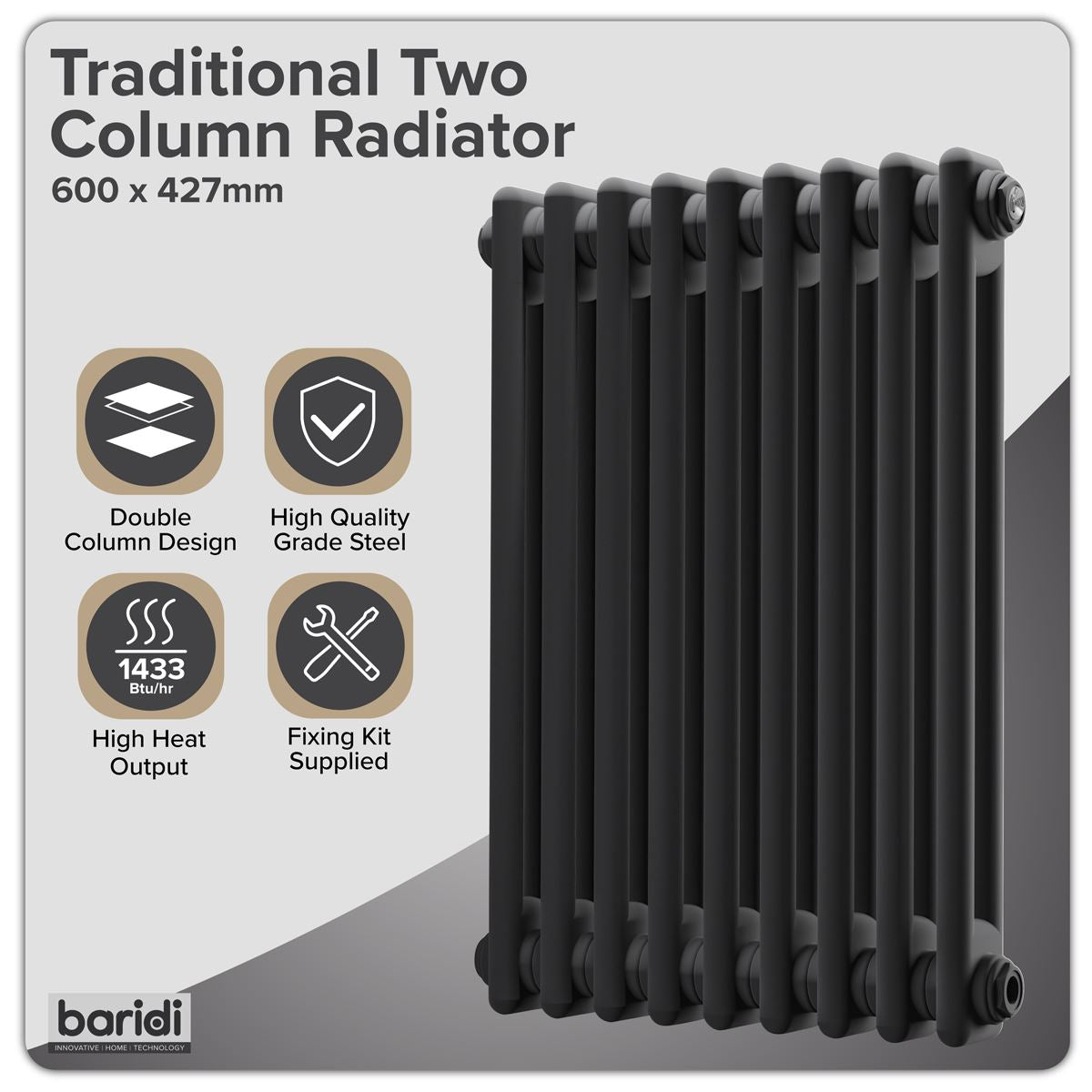 Baridi DH361 Horizontal Traditional 2 Column Radiator 600 x 427mm - Black | Steel | Horizontal traditional 2 column radiator delivers a BTU output of