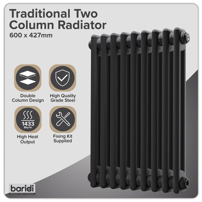 Baridi DH361 Horizontal Traditional 2 Column Radiator 600 x 427mm - Black | Steel | Horizontal traditional 2 column radiator delivers a BTU output of
