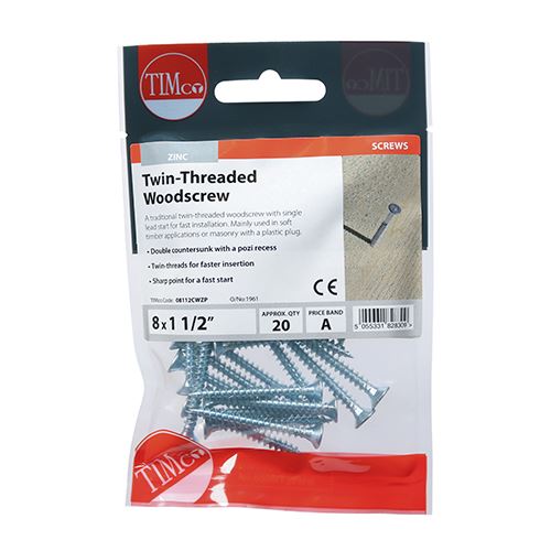 TIMCO Twin Woodscrew PZ2 CSK - BZP 8 x 1 1/2 Silver Pack 20