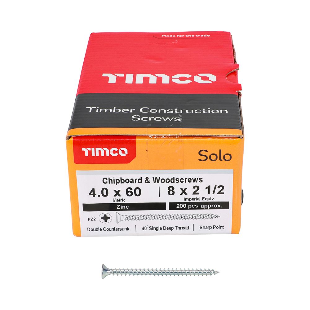 TIMCO Solo Woodscrew PZ2 CSK Zinc 4.0 x 60 Silver Pack 200