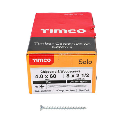 TIMCO Solo Woodscrew PZ2 CSK Zinc 4.0 x 60 Silver Pack 200