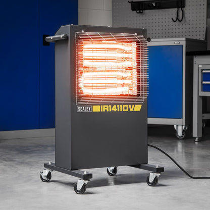 Sealey IR14110V Infrared Cabinet Heater 1.2/2.4kW 110V | 1200/2400W, 110V - 32A, Thermostat, Timer, Adjustable | Powder coated metal cabinet with two