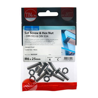 TIMCO Set Screw & Hex Nut - A2 SS M6 x 25 Silver Pack 6