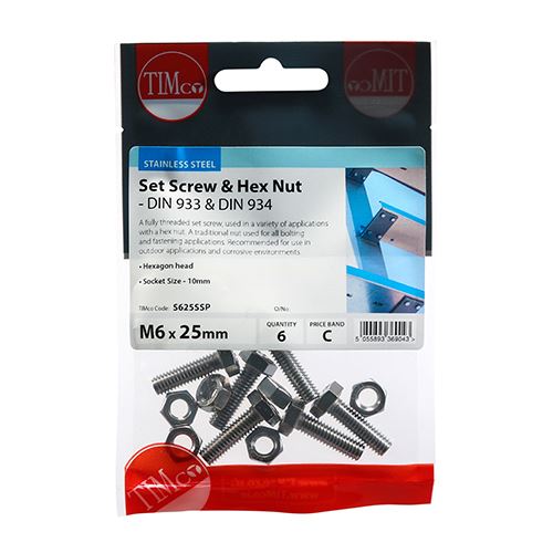 TIMCO Set Screw & Hex Nut - A2 SS M6 x 25 Silver Pack 6