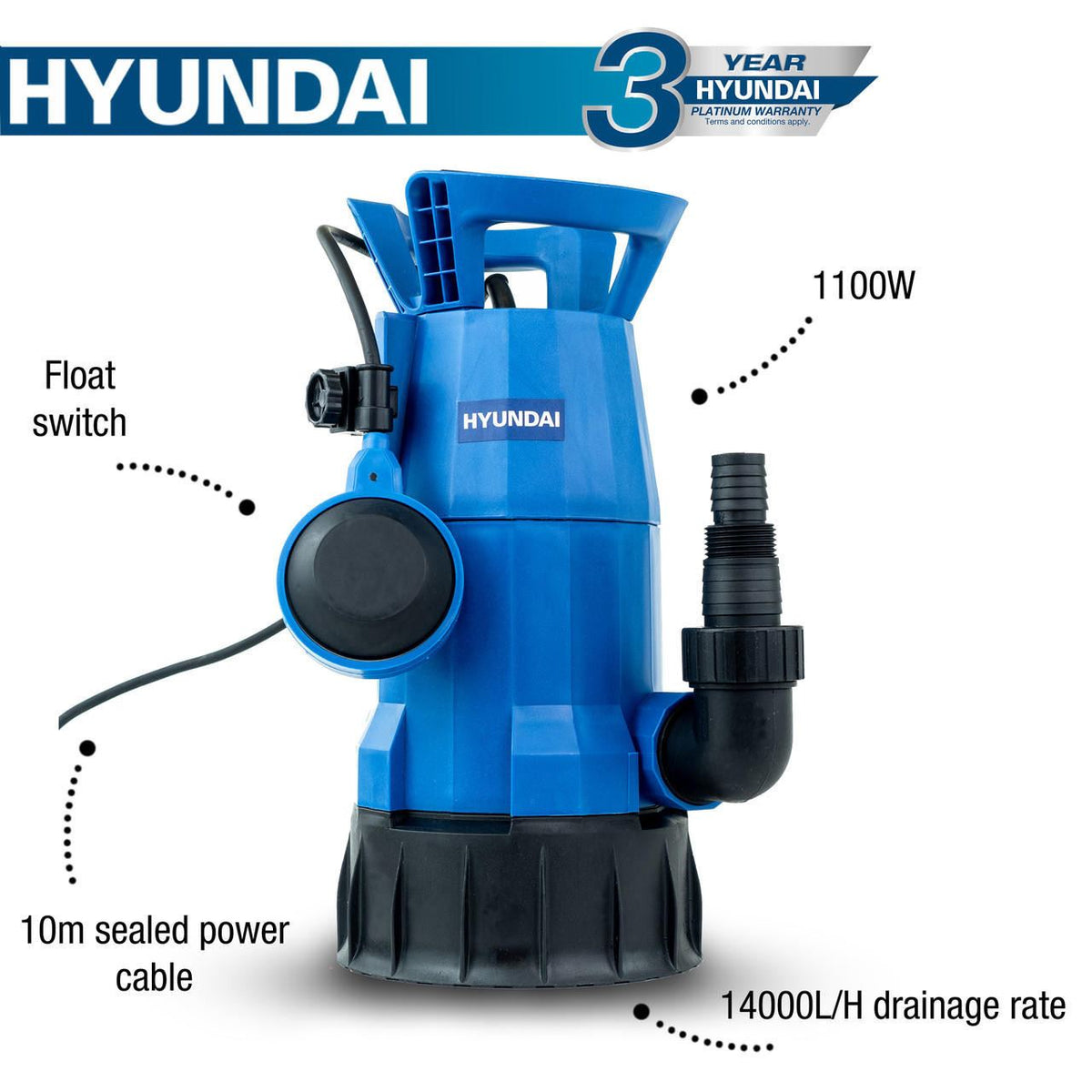 Hyundai HYSP1100CD Electric Water Pump Clean Dirty Water 14000L/h 10m Head 1100W Transfer Pump Drainage Pump Drainage Transfer Pump