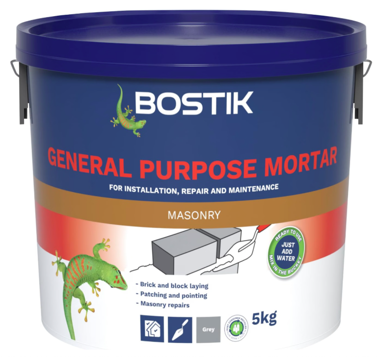Bostik General Purpose Mortar 5kg Grey Premixed Cement Sand for Brick Block Laying Patching Pointing Masonry Repairs