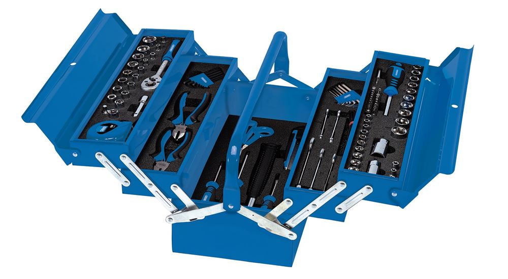 48091 Draper Tool Kit in Steel Cantilever Toolbox (126 Piece) TK126 Socket 3/8 Spinner Handles Professional Trade DIY Workshop Garage Use