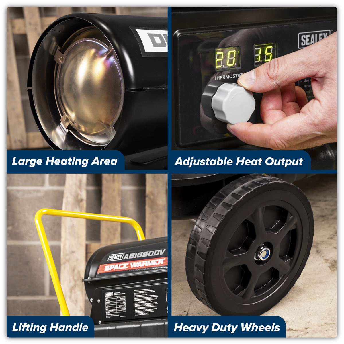 Sealey AB1850DV Dual Voltage Space Warmer Kerosene/Diesel Heater with Wheels 185,000Btu/hr(55kW) | 230V ~ 50Hz or 110V ~ 50Hz, Thermostat, Wheels