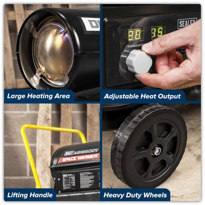 Sealey AB1850DV Dual Voltage Space Warmer Kerosene/Diesel Heater with Wheels 185,000Btu/hr(55kW) | 230V ~ 50Hz or 110V ~ 50Hz, Thermostat, Wheels