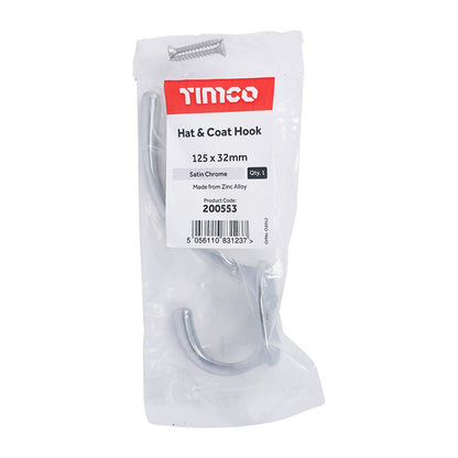 TIMCO Hat & Coat Hook Sat. Chrome 125 x 32mm Pack 1