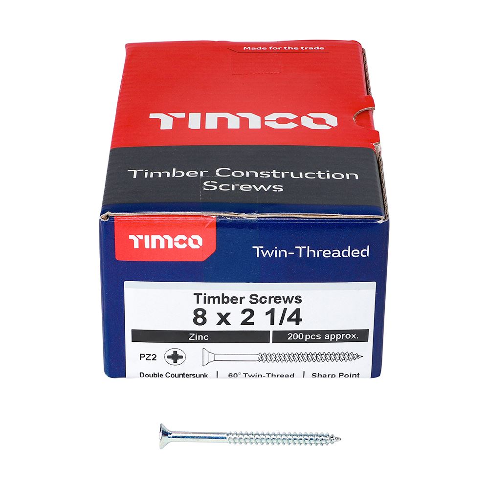 TIMCO Twin Woodscrew PZ2 CSK Zinc 8 x 2 1/4 Silver Pack 200