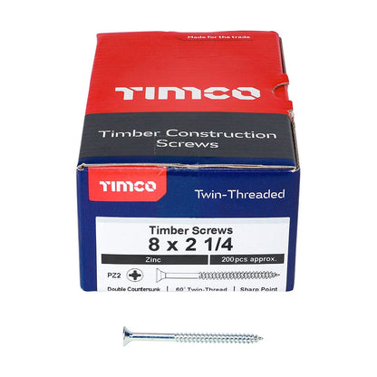 TIMCO Twin Woodscrew PZ2 CSK Zinc 8 x 2 1/4 Silver Pack 200