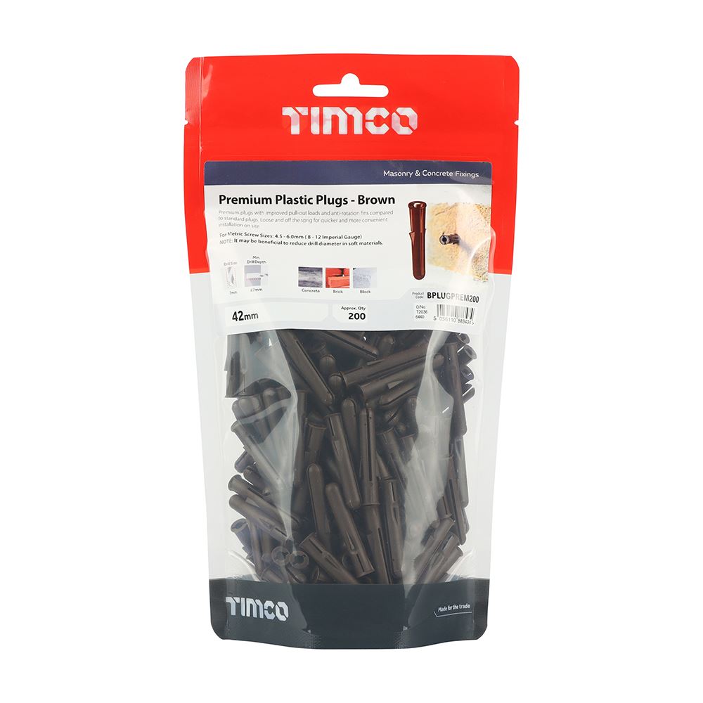 TIMCO Premium Plastic Plugs - Brown 42mm Brown Pack 200