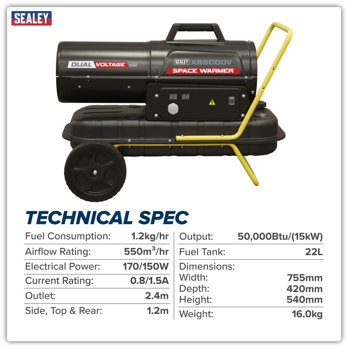 Sealey AB500DV Dual Voltage Kerosene/Diesel Space Warmer Heater with Wheels 50,000Btu/hr | 50,000Btu/(15kW), 230V 50Hz or 110V 50Hz, Thermostat
