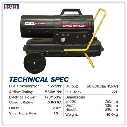 Sealey AB500DV Dual Voltage Kerosene/Diesel Space Warmer Heater with Wheels 50,000Btu/hr | 50,000Btu/(15kW), 230V 50Hz or 110V 50Hz, Thermostat