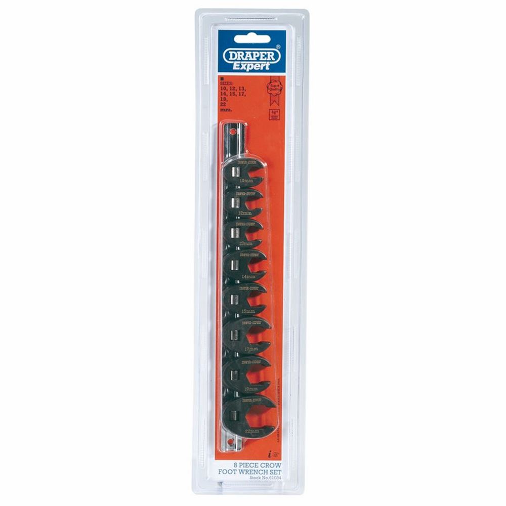 Draper CROW FOOT SPANNERSET-8PC-3/8SD 61034 Metric Crow Foot Spanner Set on a Metal Rail, 3/8" Sq. Dr. (8 Piece)