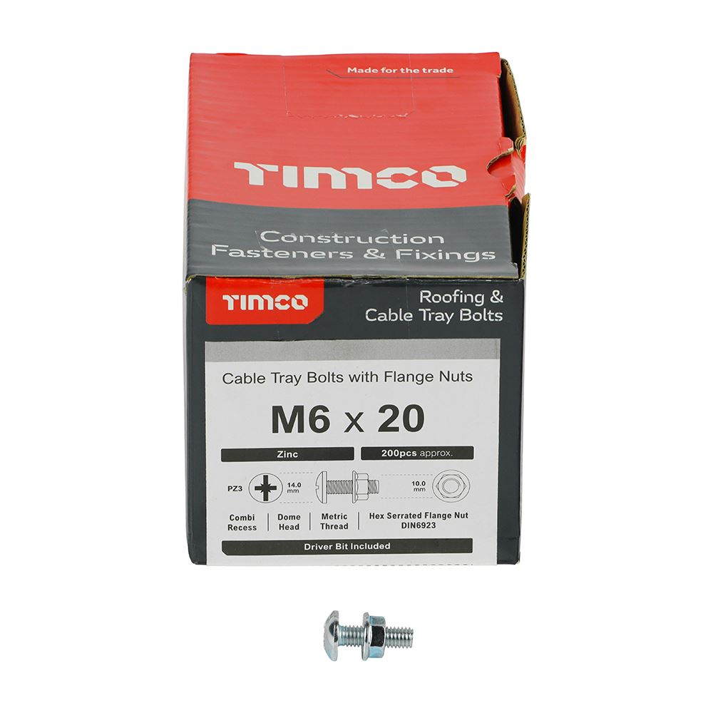 TIMCO Cable Tray Bolt & F/Nut Zinc M6 x 20 Silver Pack 200