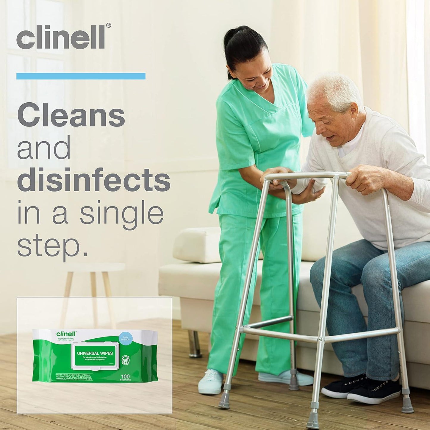 Clinell Universal Wipes White Pack of 100 Antibacterial Cleaning and Disinfectant Wipes for Hands Surfaces Equipment Healthcare Workplace and Home Use